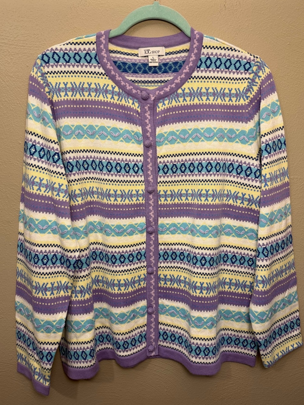 The Tog Shop VTG 90’s Striped Rhinestone Pastel Blue Purple Yellow Cardigan Sz L